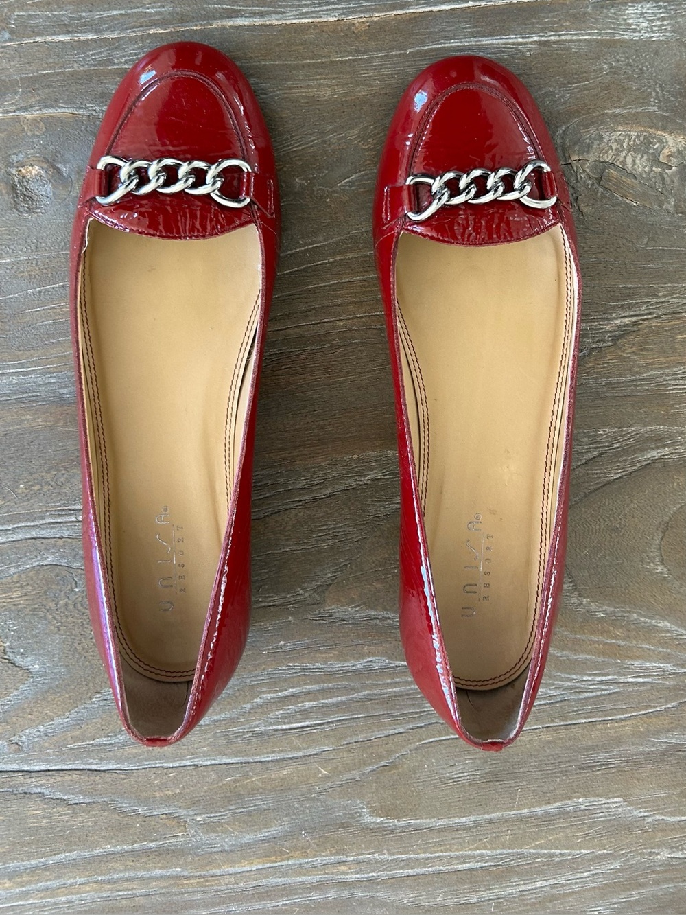 Unisa Red Patent Loafers with Silver Chain Detail